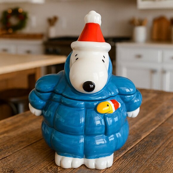Snoopy Christmas Cookie Jar with Woodstock – Blue Puffer Jacket  🎄 - Picture 2 of 3
